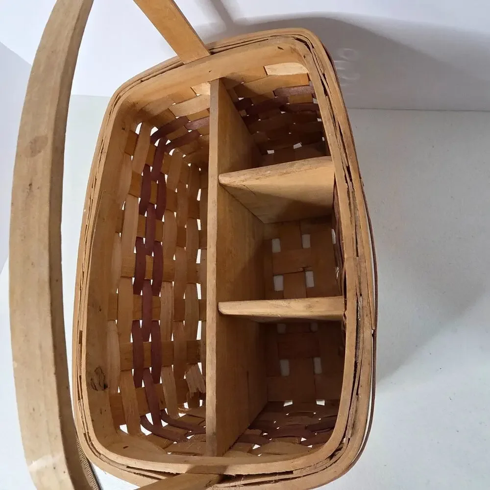 Vintage Wooden Condiment Caddy Basket Divided Sections Wide Handle